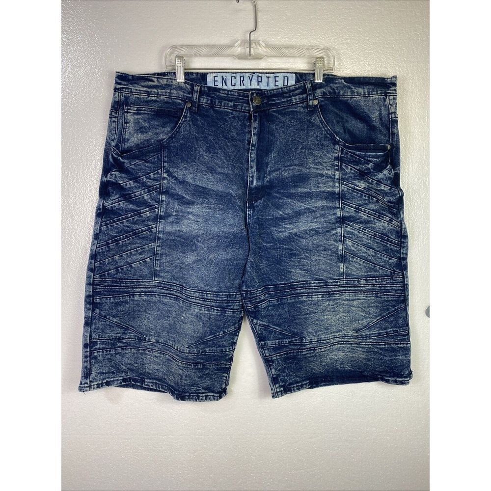 Encrypted Mens Jean Short Stretch 48 Blue Denim Moto Stoneβ wash Streetwear